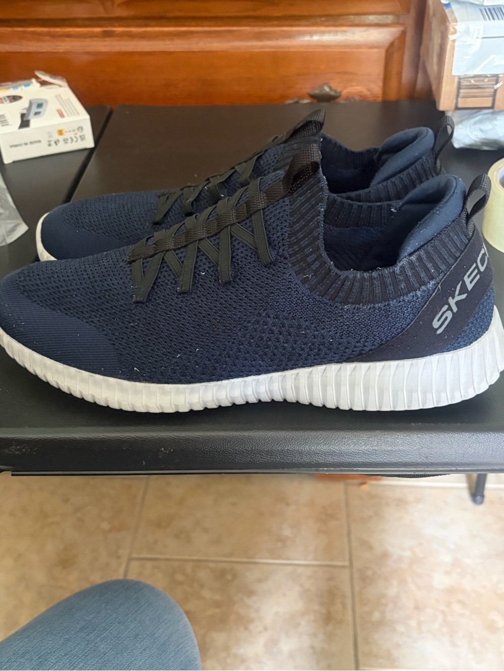 Skechers Men's Navy and Black Knit Slip-On Sneakers with White Sole
